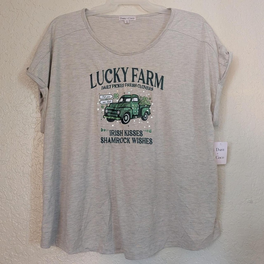 Daisy + Coco Lucky Farm St Patricks Day Embroidered Sequin Top Beige Plus 3X